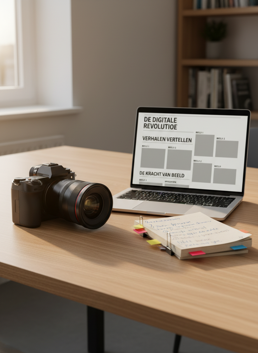 A high-end mirrorless camera with a sturdy black body and a large zoom lens, placed on a light oak table beside an open laptop displaying a draft article layout in Dutch, with headlines, subheadings, and empty image placeholders. Next to them lies a small stack of neatly printed interview notes, each page clipped and annotated with colored sticky tabs. Late afternoon natural light enters from the left, creating soft highlights along the camera’s metal edges and the laptop keyboard, while casting long, calm shadows. The shot is composed using the rule of thirds, eye-level perspective, and shallow depth of field, highlighting the tools of visual storytelling in a modern, professional journalism portfolio.