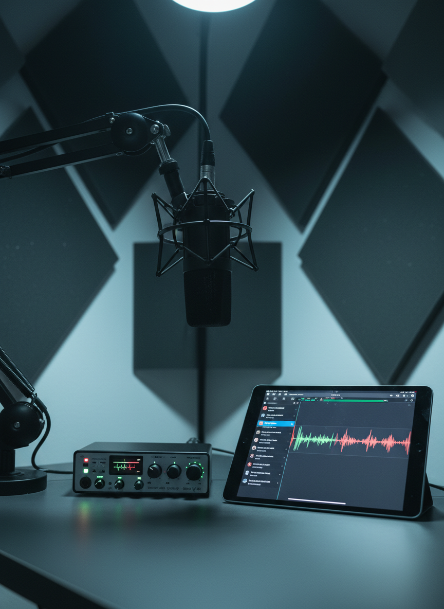 A minimalist podcast recording corner featuring a suspended black condenser microphone in a shock mount on an articulated boom arm, hovering above a compact audio interface with glowing level meters and labeled knobs. Both rest near the edge of a charcoal desk surface, where a tablet displays a waveform editor with Dutch episode titles in a sidebar. The background reveals a softly blurred acoustic foam wall in geometric patterns. Cool, controlled studio lighting creates a focused pool of light on the equipment, with the surroundings gently falling into shadow. Photographic realism, shot from a low, three-quarter angle, accentuates the precision and professionalism of audio journalism while maintaining a clean, uncluttered, media-exam aesthetic.