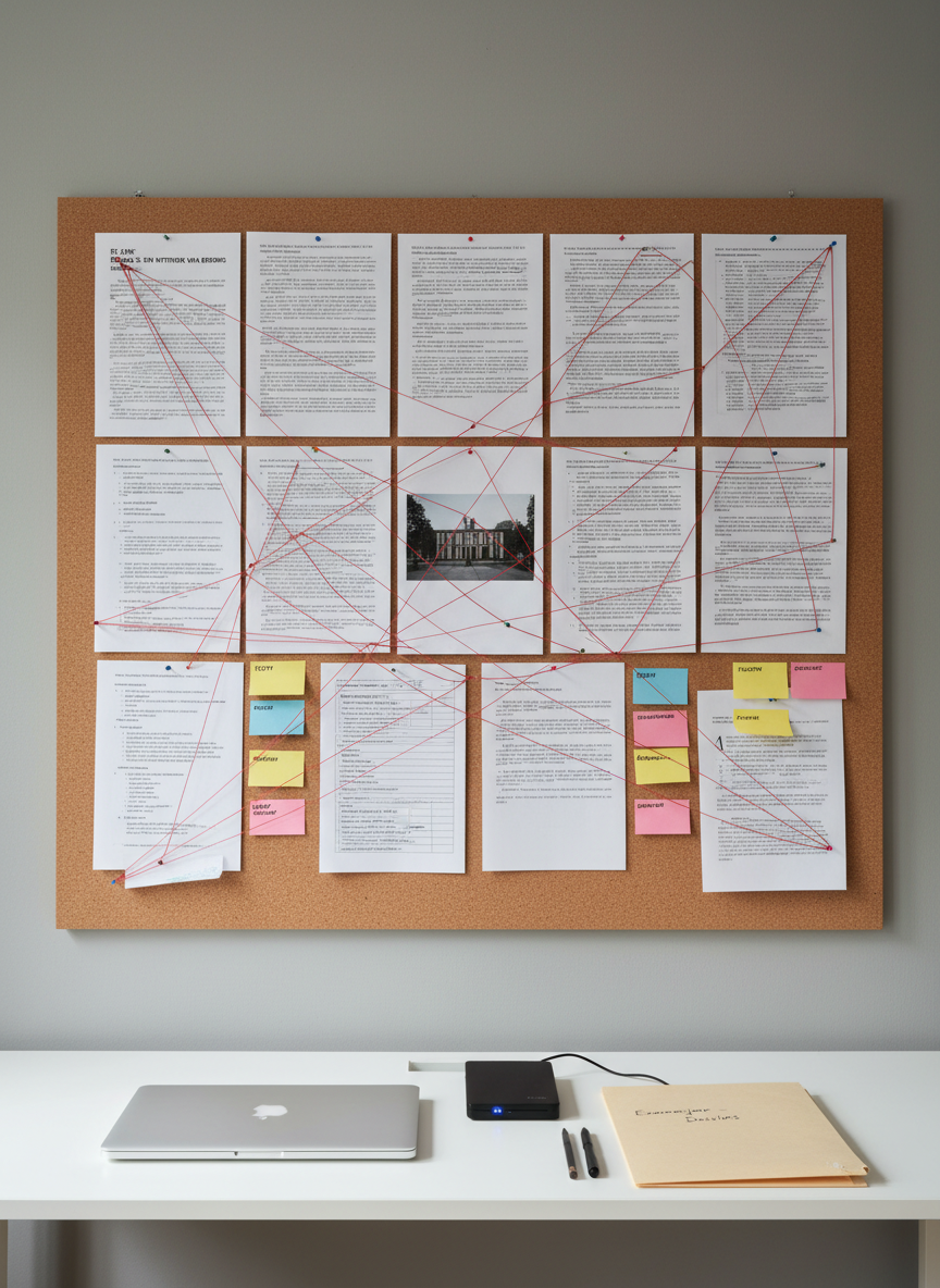 A carefully organized investigative workspace featuring a large corkboard on a neutral wall, covered with printed article drafts in Dutch, neatly pinned fact sheets, and color-coded index cards connected by thin red threads to represent story structures and sources. Below, a simple white desk holds a closed laptop, an external hard drive, and a labeled folder marked “Examenjaar – Dossiers.” Soft overcast daylight washes in from the right, creating even, shadowless illumination that highlights paper textures and pinheads. The composition is photographed straight-on with sharp focus throughout, emphasizing clarity and methodical research. The atmosphere is serious and methodical, in a photographic realism style that reflects the professional rigor of final-year journalistic work without depicting any people.