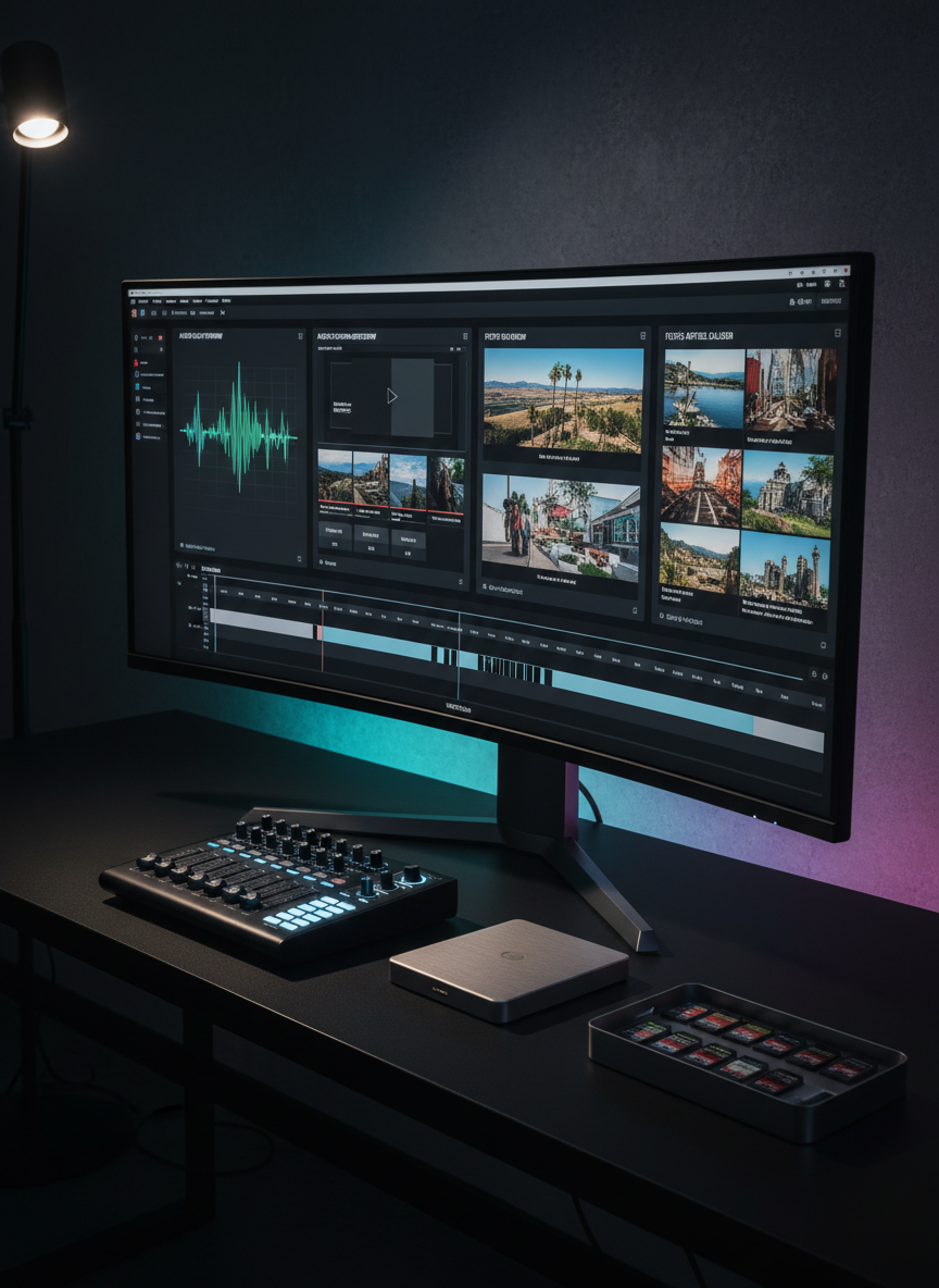 A modern media editing suite setup with a wide, ultra-thin monitor displaying a multi-panel interface: video timeline at the bottom, audio waveform of an interview on the left, and photo thumbnails for an article gallery on the right, all labeled in Dutch. The monitor sits on a matte black desk along with a compact mixing console, an external SSD, and a neatly stacked set of SD cards in a small metal tray. Subtle RGB backlighting along the back edge of the desk creates a faint cyan and magenta glow on the wall. Low-key, cinematic lighting from a single directional lamp creates contrasty highlights on the hardware, photographed from a slightly elevated, three-quarter angle for a dynamic, high-end, yet professional storytelling mood.