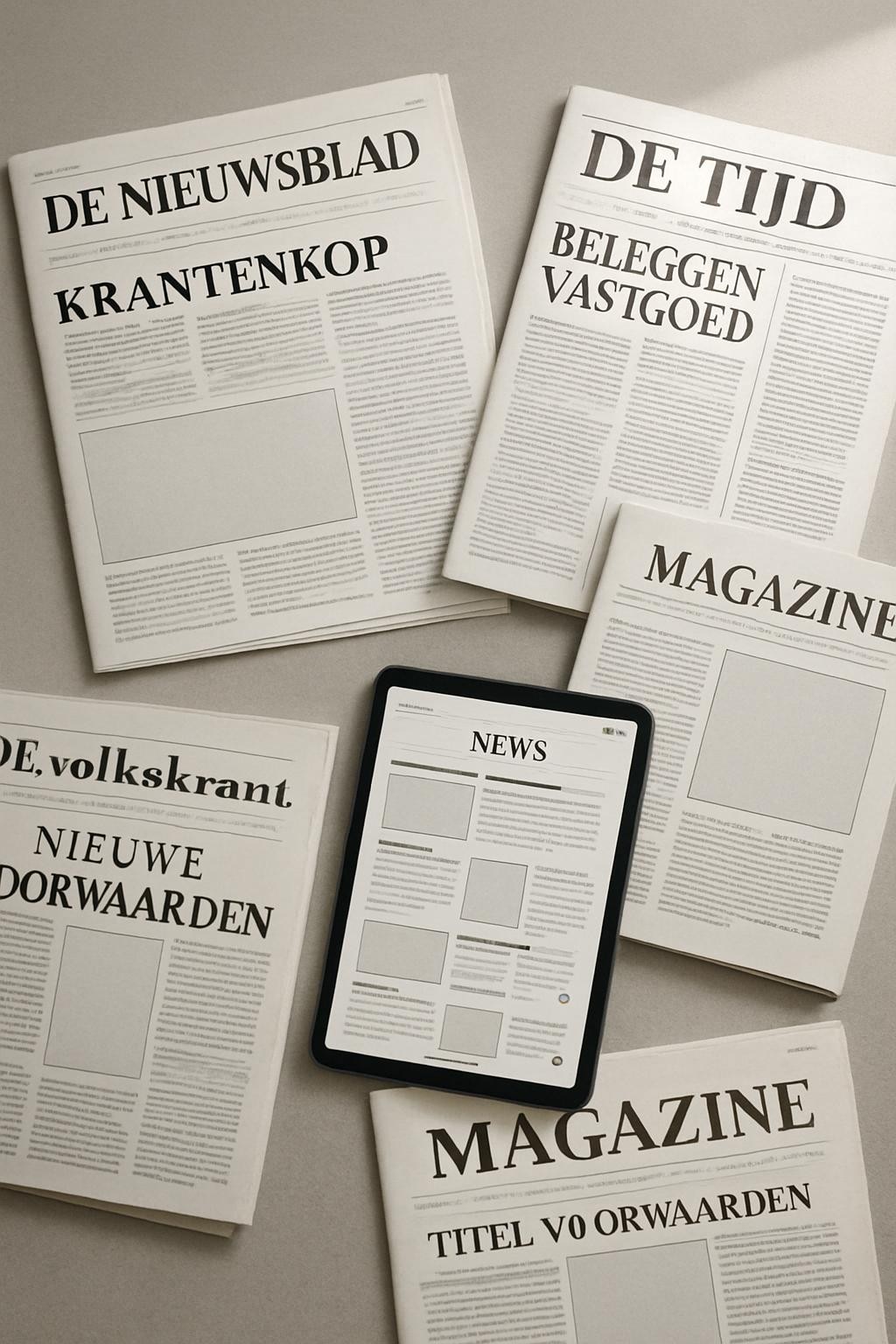 A collection of meticulously arranged print newspapers and glossy magazines in Dutch spread across a neutral grey tabletop, each front page featuring bold headlines, columns of text, and placeholder rectangular blocks where photos would normally appear, but intentionally left blank. A slim digital tablet lies among them, showing a clean news homepage with article cards and audio icons. Overhead natural light from a skylight casts even illumination, with subtle paper textures and faint creases clearly visible. The composition is photographed from a slightly elevated angle, emphasizing the transition from traditional print to digital journalism. The mood is analytical and professional, with photographic realism and a restrained color palette focused on whites, greys, and muted ink tones.